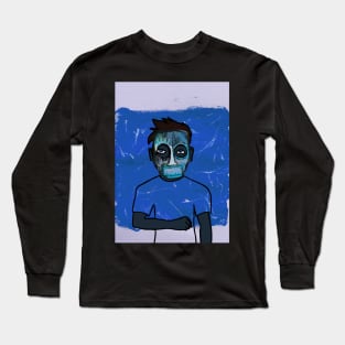 Expressionist Blue Male Character with Street Mask and Blue Eyes Long Sleeve T-Shirt